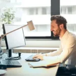 Mann im weißen Hemd sitzt vor einem Computer und lächelt - In diesem umfangreichen Beitrag erfahren Sie wissenswerte Informationen darüber, warum Büro Outsourcing immer beliebter wird.