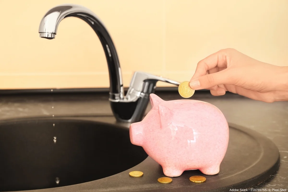 Hand wirft Münze in Sparschwein neben Wasserhahn, Symbol für Kosten, Reparaturen und Erhaltungsaufwendungen im Haushalt.